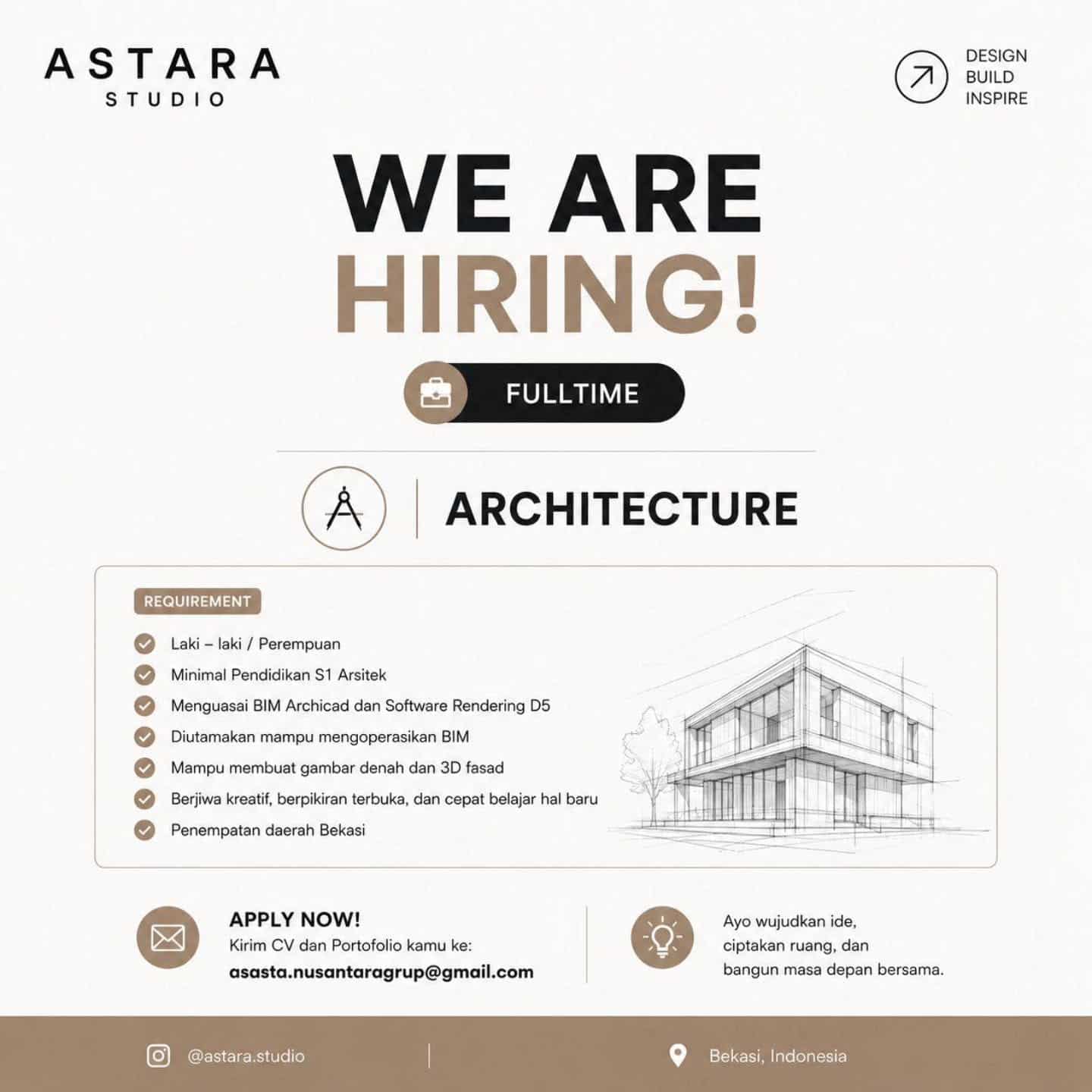 Poster Lowongan Arsitek Fulltime - Astara Studio Bekasi